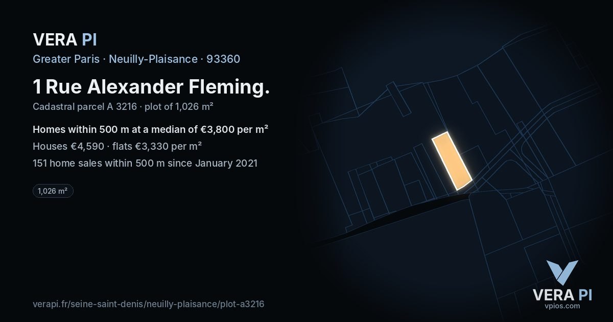 1 Rue Alexander Fleming, Neuilly-Plaisance at night – the plot lit, the parcels around coloured by the prices near them