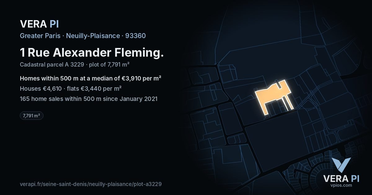 1 Rue Alexander Fleming, Neuilly-Plaisance at night – the plot lit, the parcels around coloured by the prices near them