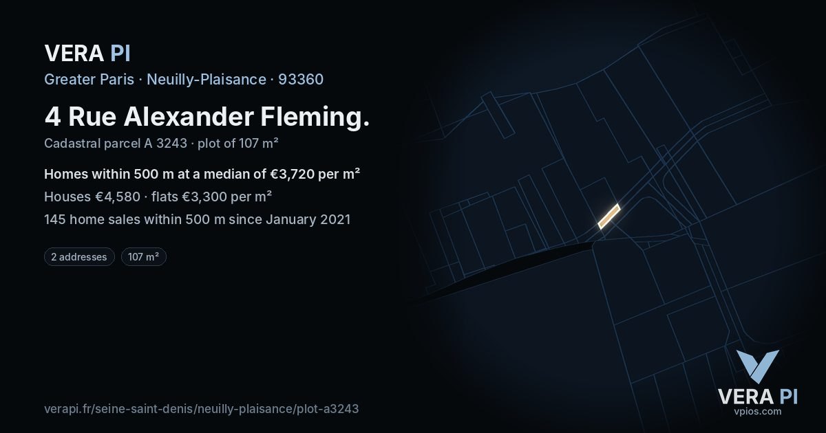 4 Rue Alexander Fleming, Neuilly-Plaisance at night – the plot lit, the parcels around coloured by the prices near them
