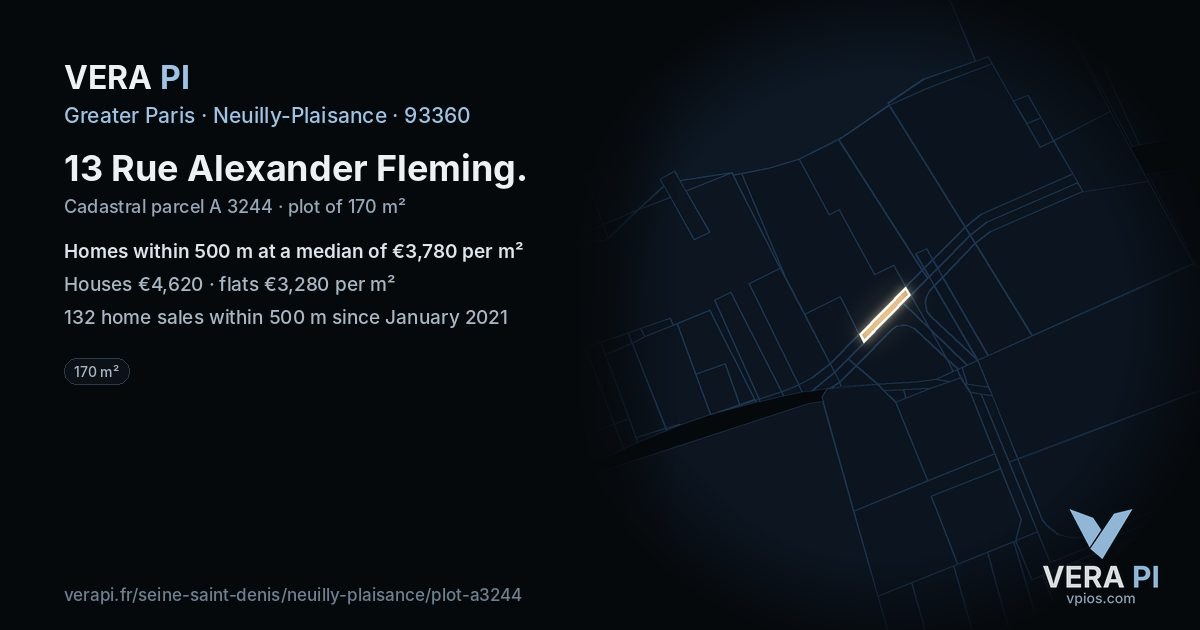 13 Rue Alexander Fleming, Neuilly-Plaisance at night – the plot lit, the parcels around coloured by the prices near them