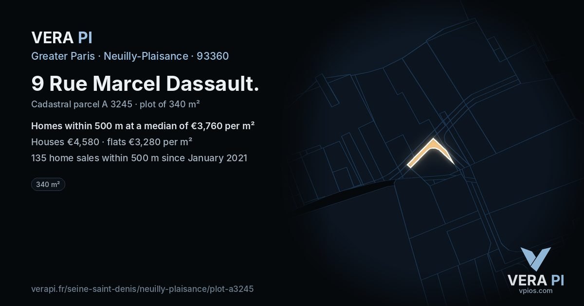 9 Rue Marcel Dassault, Neuilly-Plaisance at night – the plot lit, the parcels around coloured by the prices near them