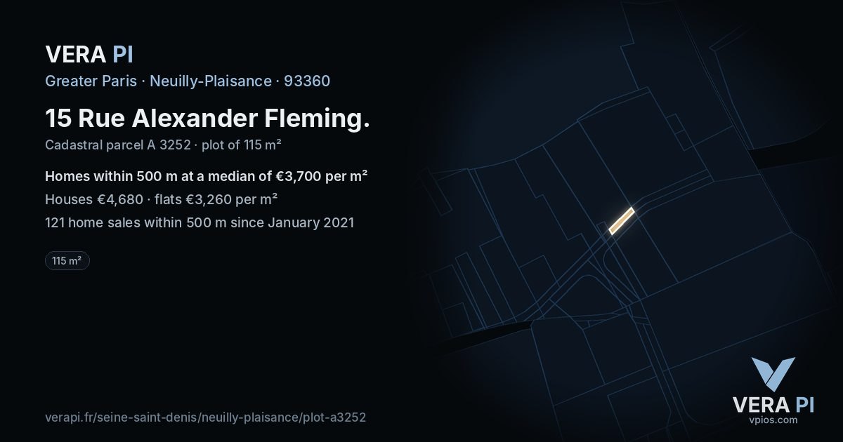 15 Rue Alexander Fleming, Neuilly-Plaisance at night – the plot lit, the parcels around coloured by the prices near them