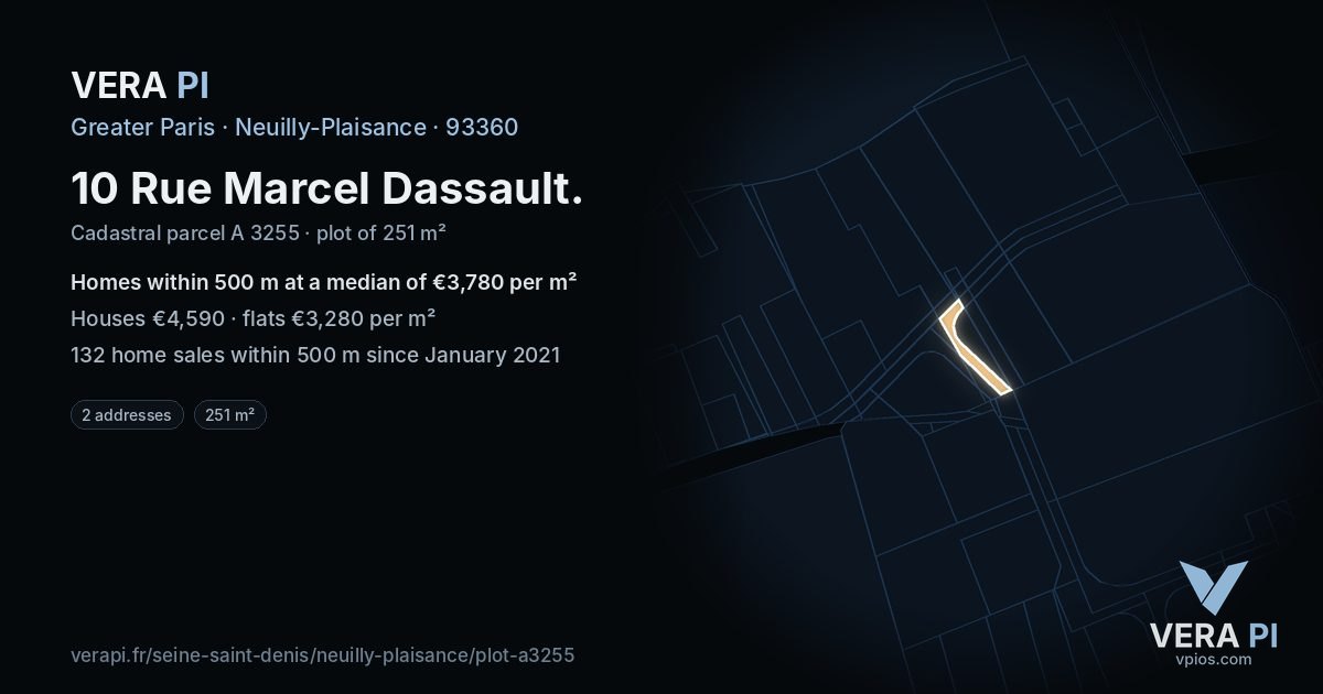 10 Rue Marcel Dassault, Neuilly-Plaisance at night – the plot lit, the parcels around coloured by the prices near them
