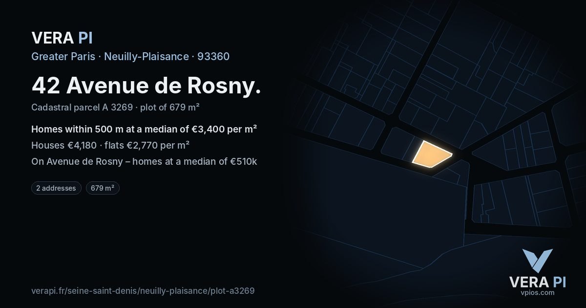 42 Avenue de Rosny, Neuilly-Plaisance at night – the plot lit, the parcels around coloured by the prices near them