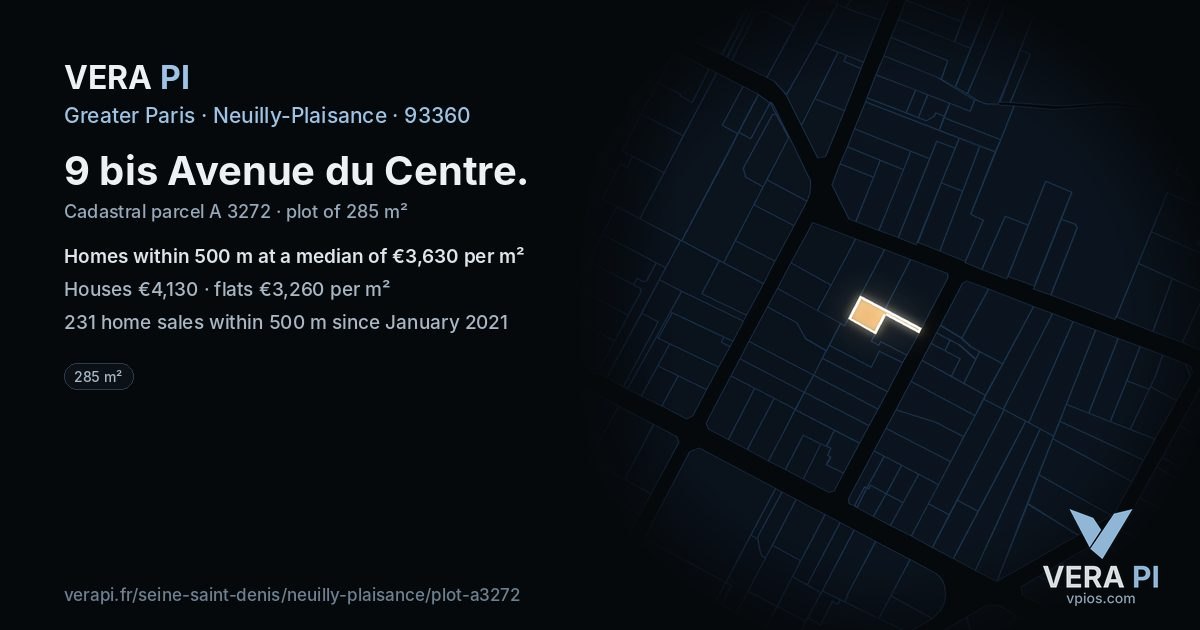 9 bis Avenue du Centre, Neuilly-Plaisance at night – the plot lit, the parcels around coloured by the prices near them