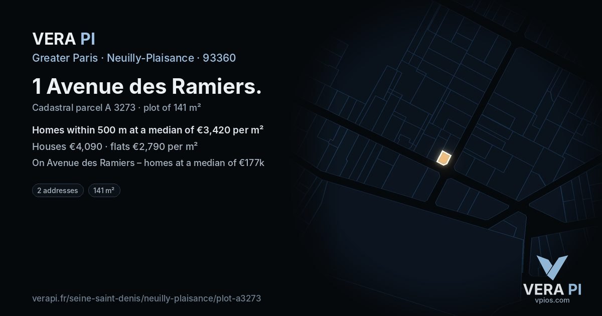 1 Avenue des Ramiers, Neuilly-Plaisance at night – the plot lit, the parcels around coloured by the prices near them