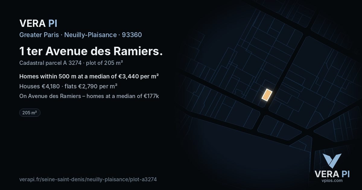 1 ter Avenue des Ramiers, Neuilly-Plaisance at night – the plot lit, the parcels around coloured by the prices near them