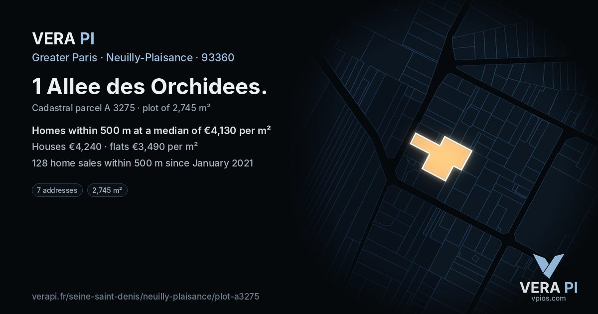 1 Allee des Orchidees, Neuilly-Plaisance at night – the plot lit, the parcels around coloured by the prices near them