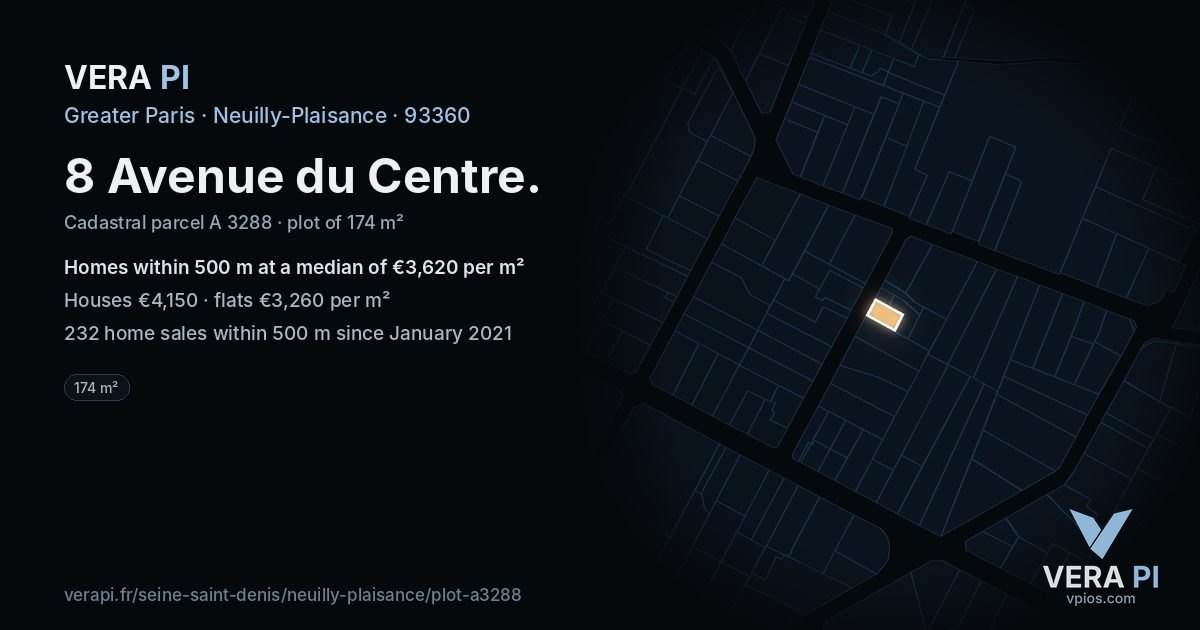 8 Avenue du Centre, Neuilly-Plaisance at night – the plot lit, the parcels around coloured by the prices near them