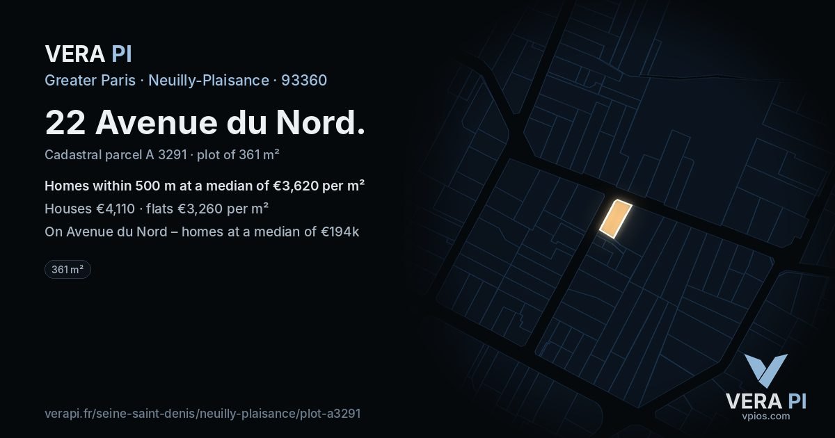 22 Avenue du Nord, Neuilly-Plaisance at night – the plot lit, the parcels around coloured by the prices near them