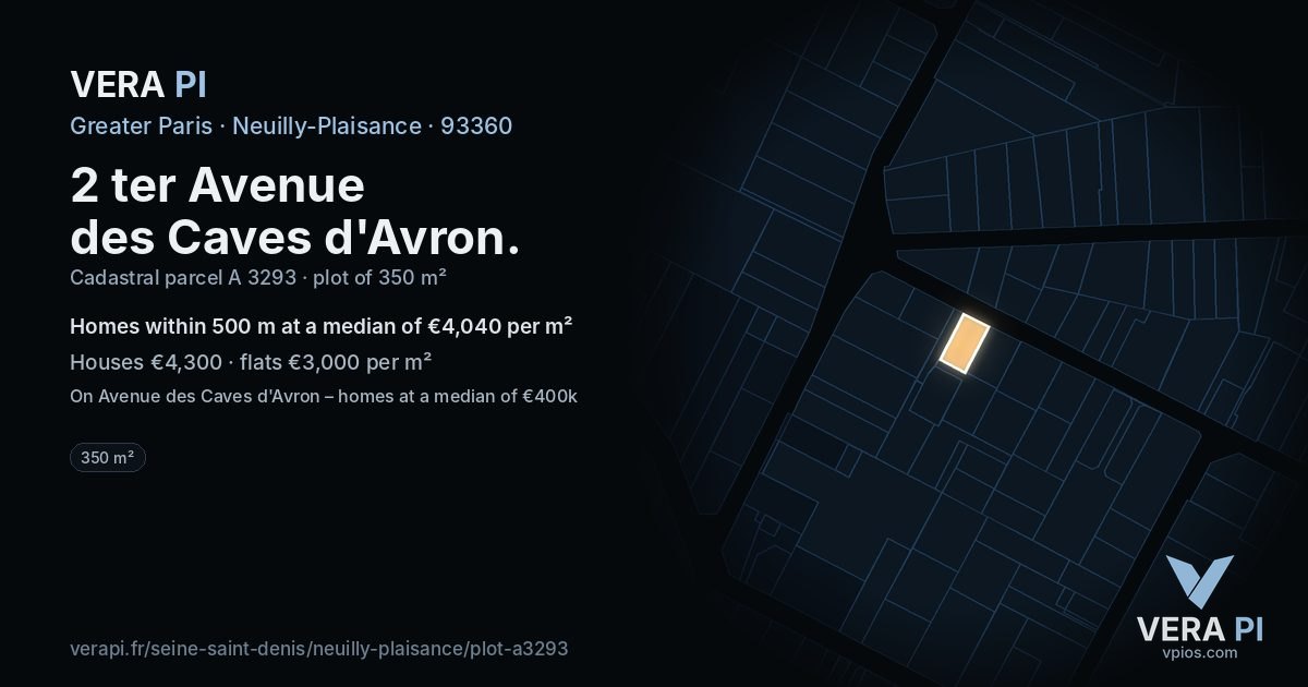 2 ter Avenue des Caves d'Avron, Neuilly-Plaisance at night – the plot lit, the parcels around coloured by the prices near them