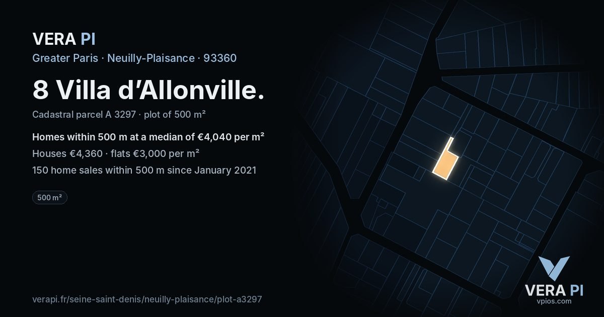 8 Villa d’Allonville, Neuilly-Plaisance at night – the plot lit, the parcels around coloured by the prices near them