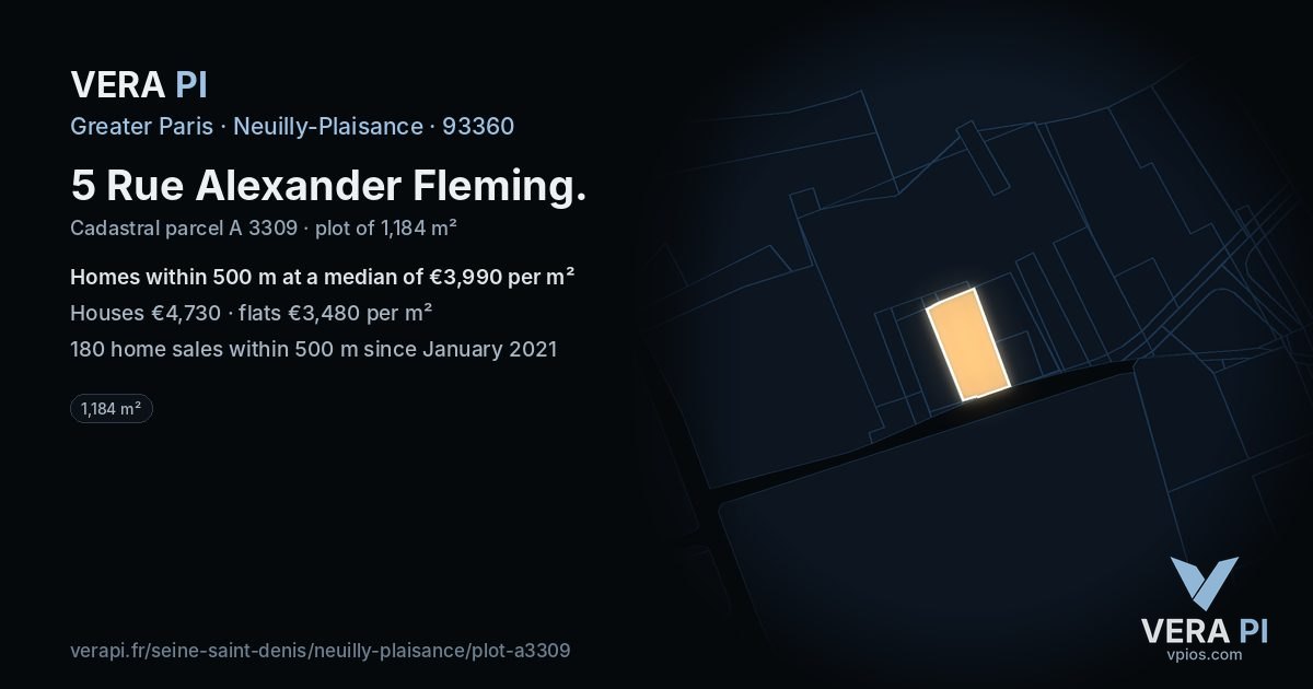 5 Rue Alexander Fleming, Neuilly-Plaisance at night – the plot lit, the parcels around coloured by the prices near them