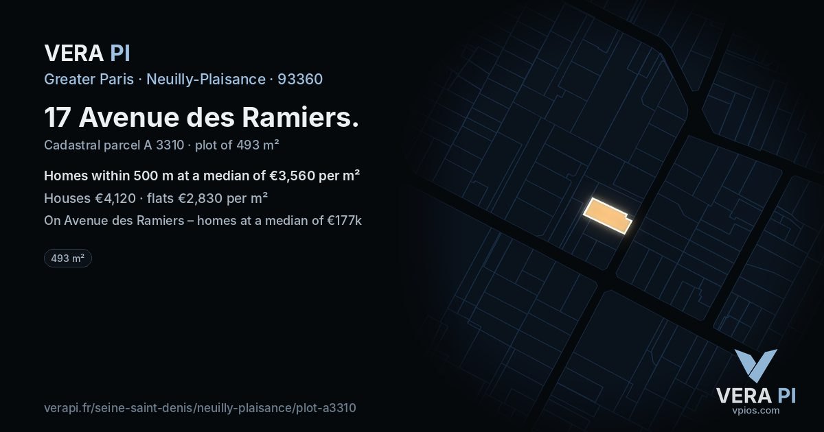 17 Avenue des Ramiers, Neuilly-Plaisance at night – the plot lit, the parcels around coloured by the prices near them