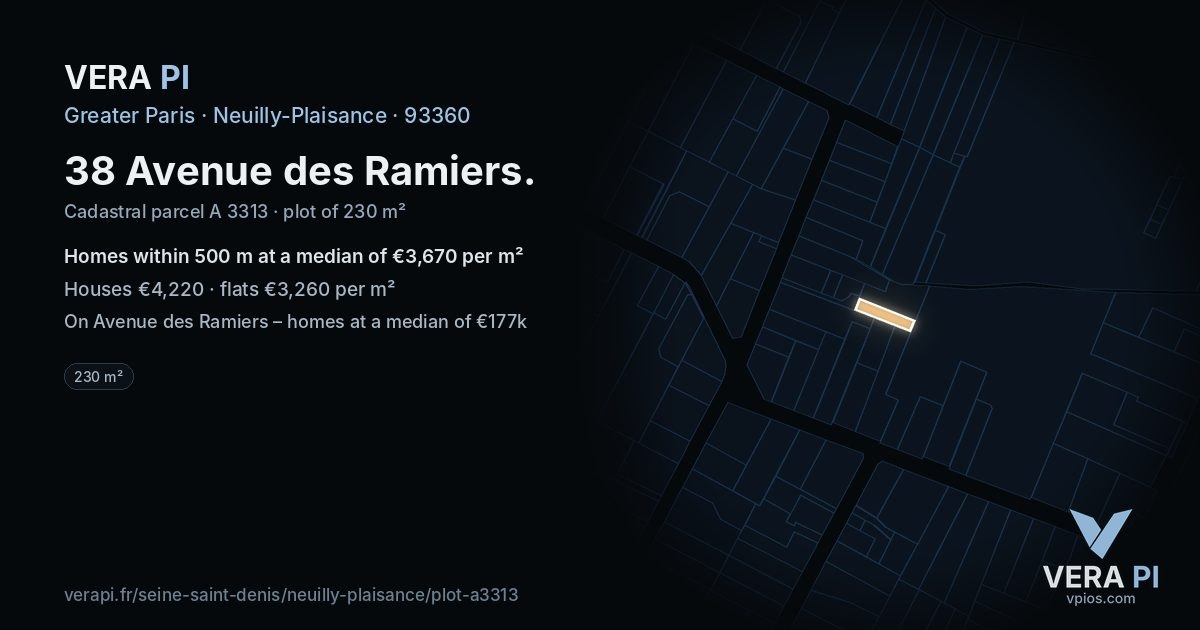 38 Avenue des Ramiers, Neuilly-Plaisance at night – the plot lit, the parcels around coloured by the prices near them
