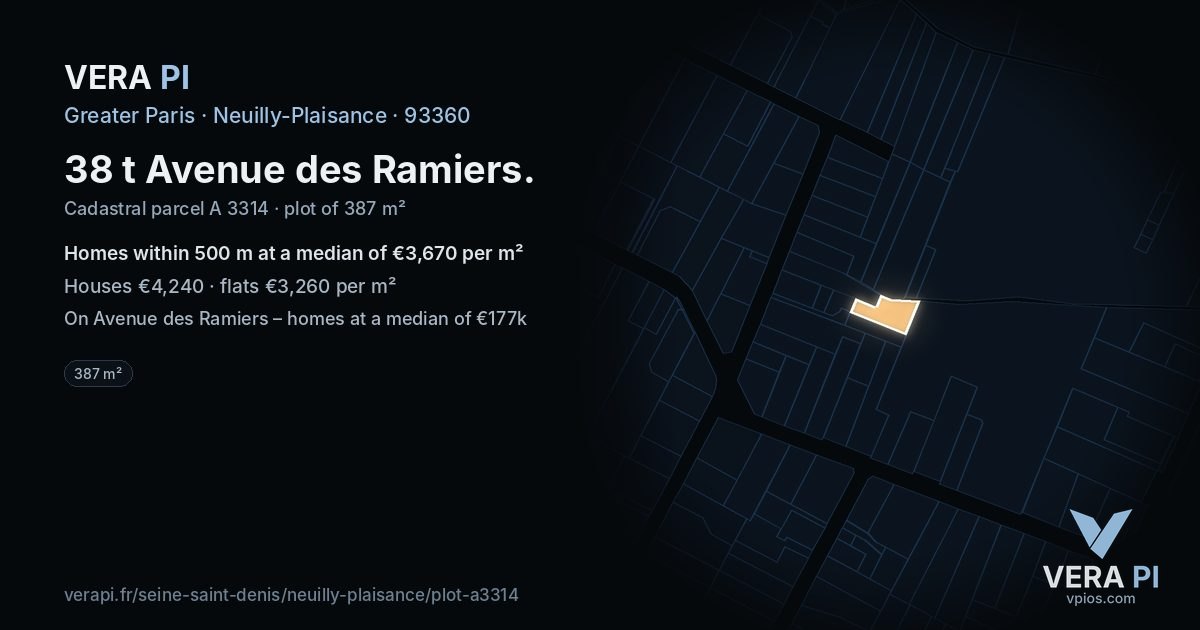 38 t Avenue des Ramiers, Neuilly-Plaisance at night – the plot lit, the parcels around coloured by the prices near them