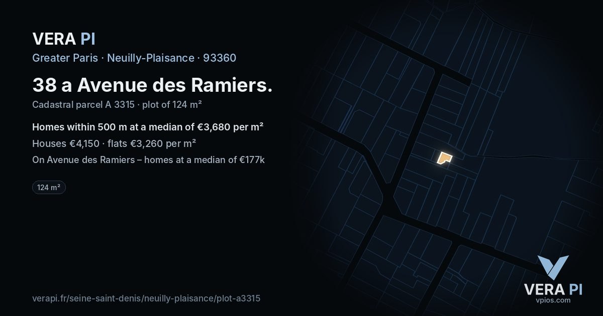 38 a Avenue des Ramiers, Neuilly-Plaisance at night – the plot lit, the parcels around coloured by the prices near them