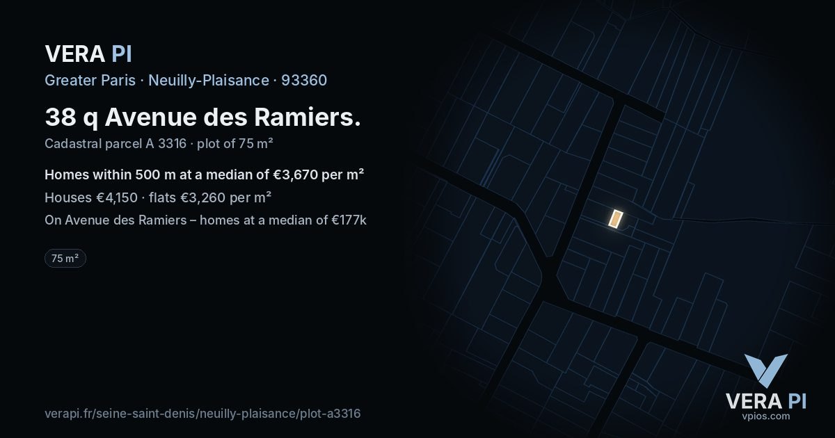 38 q Avenue des Ramiers, Neuilly-Plaisance at night – the plot lit, the parcels around coloured by the prices near them