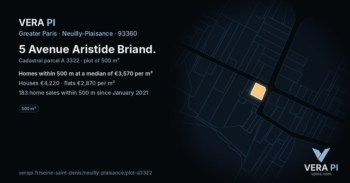 5 Avenue Aristide Briand, Neuilly-Plaisance at night – the plot lit, the parcels around coloured by the prices near them