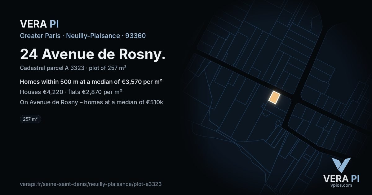 24 Avenue de Rosny, Neuilly-Plaisance at night – the plot lit, the parcels around coloured by the prices near them