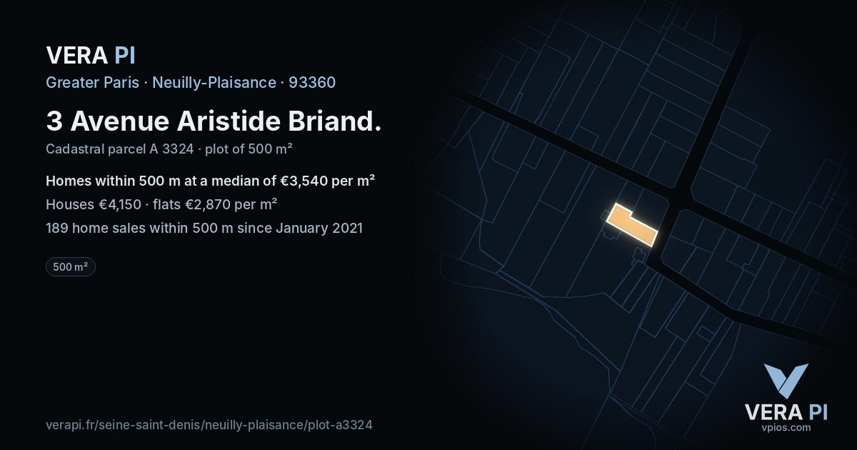 3 Avenue Aristide Briand, Neuilly-Plaisance at night – the plot lit, the parcels around coloured by the prices near them