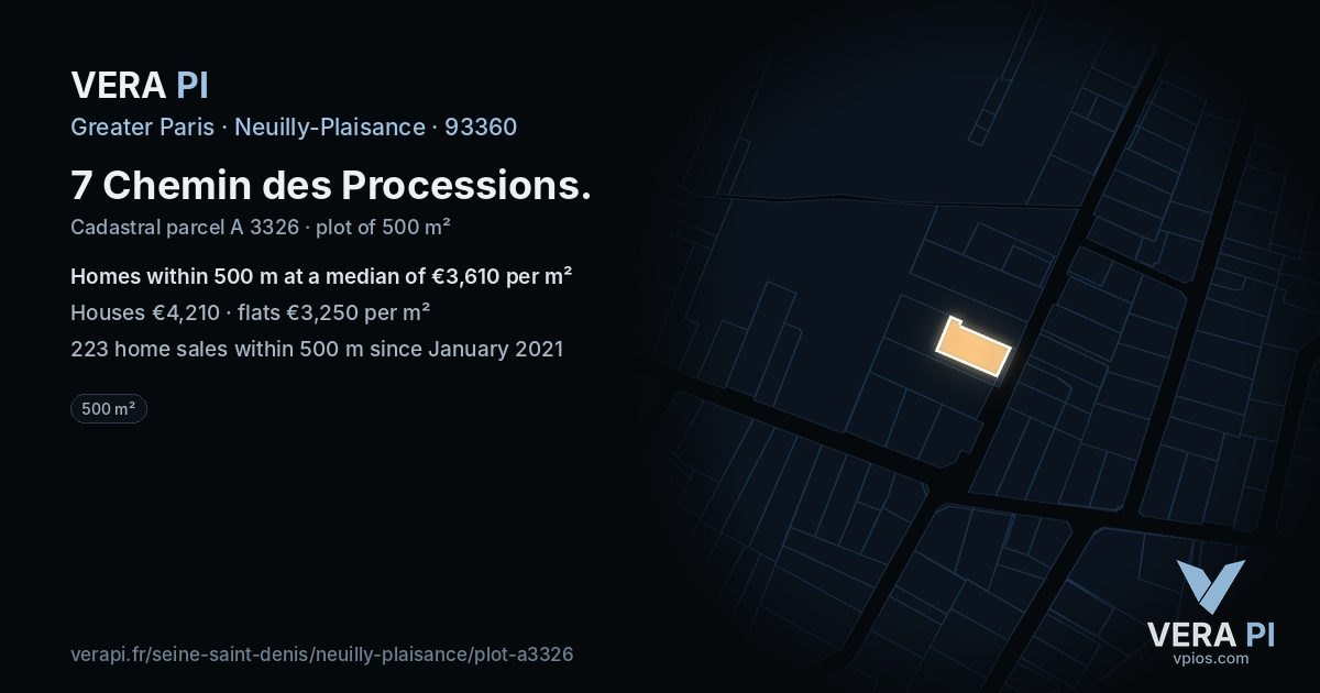 7 Chemin des Processions, Neuilly-Plaisance at night – the plot lit, the parcels around coloured by the prices near them