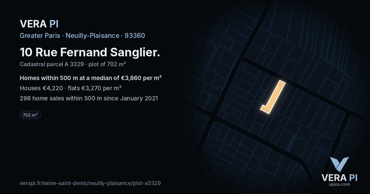 10 Rue Fernand Sanglier, Neuilly-Plaisance at night – the plot lit, the parcels around coloured by the prices near them