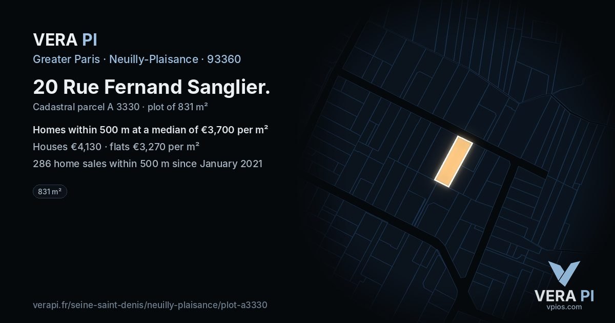 20 Rue Fernand Sanglier, Neuilly-Plaisance at night – the plot lit, the parcels around coloured by the prices near them