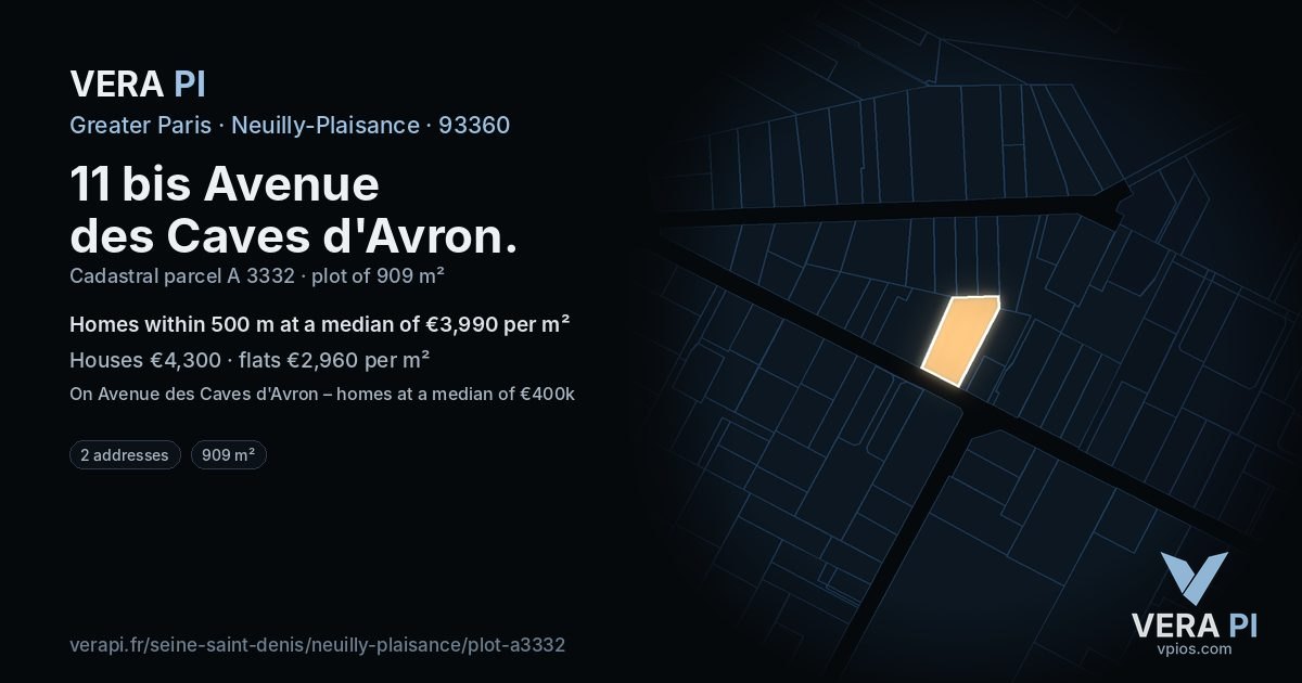 11 bis Avenue des Caves d'Avron, Neuilly-Plaisance at night – the plot lit, the parcels around coloured by the prices near them