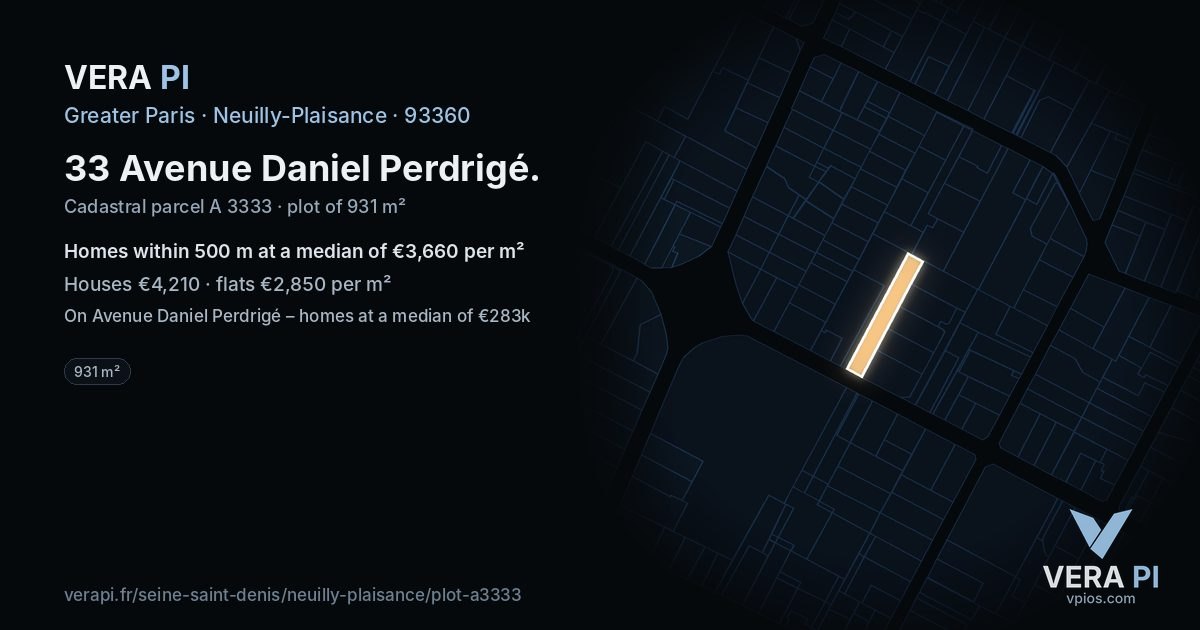 33 Avenue Daniel Perdrigé, Neuilly-Plaisance at night – the plot lit, the parcels around coloured by the prices near them