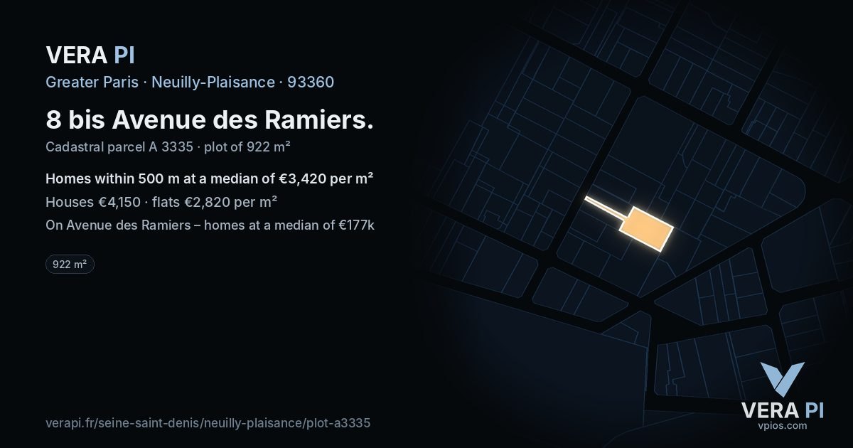 8 bis Avenue des Ramiers, Neuilly-Plaisance at night – the plot lit, the parcels around coloured by the prices near them
