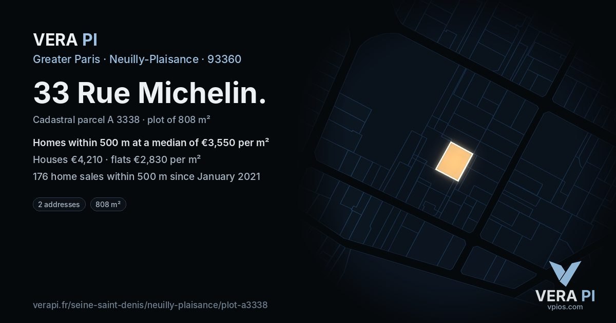 33 Rue Michelin, Neuilly-Plaisance at night – the plot lit, the parcels around coloured by the prices near them
