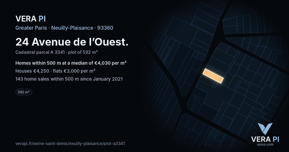 24 Avenue de l’Ouest, Neuilly-Plaisance at night – the plot lit, the parcels around coloured by the prices near them