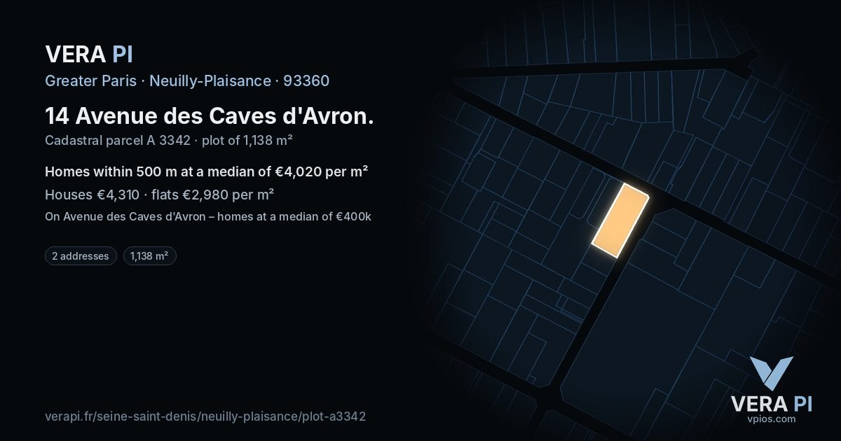 14 Avenue des Caves d'Avron, Neuilly-Plaisance at night – the plot lit, the parcels around coloured by the prices near them