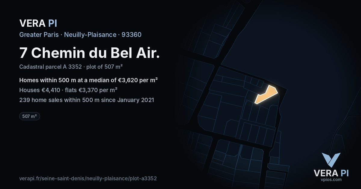7 Chemin du Bel Air, Neuilly-Plaisance at night – the plot lit, the parcels around coloured by the prices near them