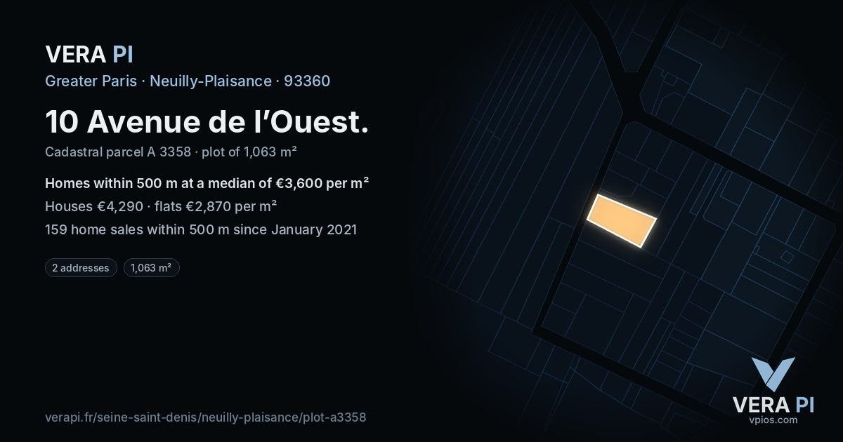 10 Avenue de l’Ouest, Neuilly-Plaisance at night – the plot lit, the parcels around coloured by the prices near them