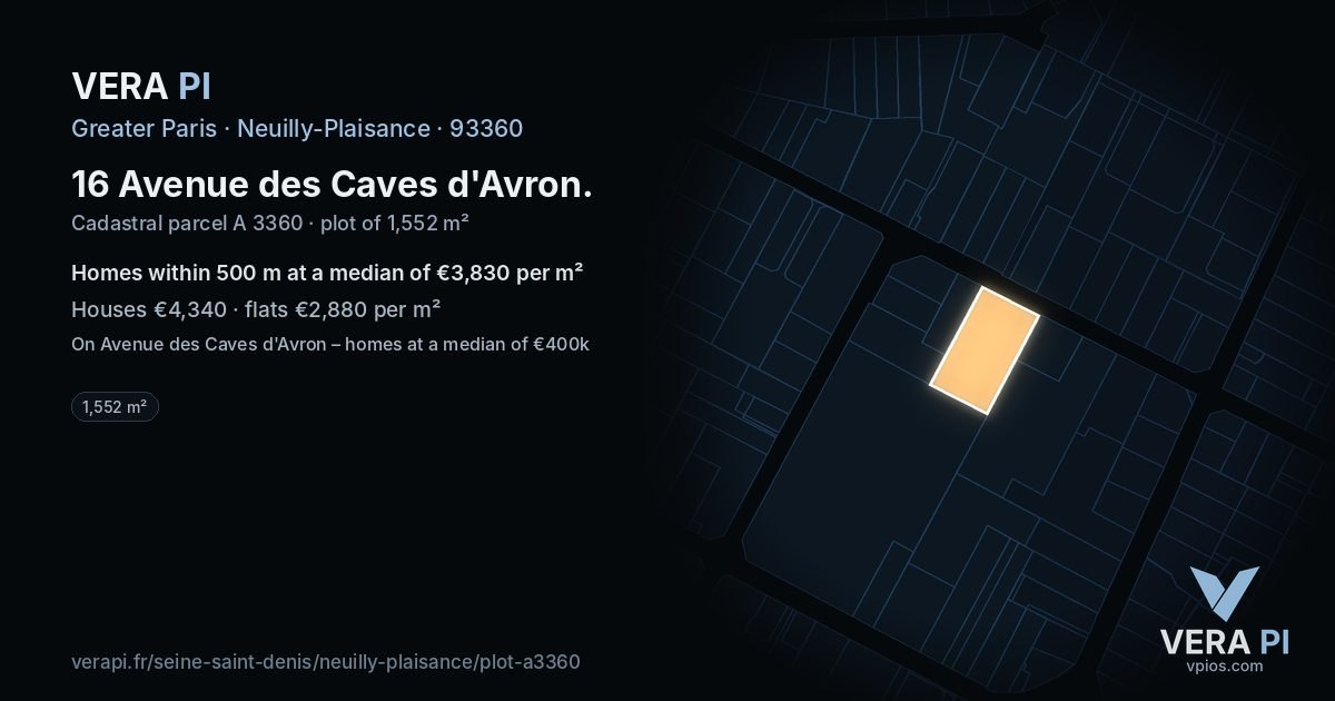 16 Avenue des Caves d'Avron, Neuilly-Plaisance at night – the plot lit, the parcels around coloured by the prices near them