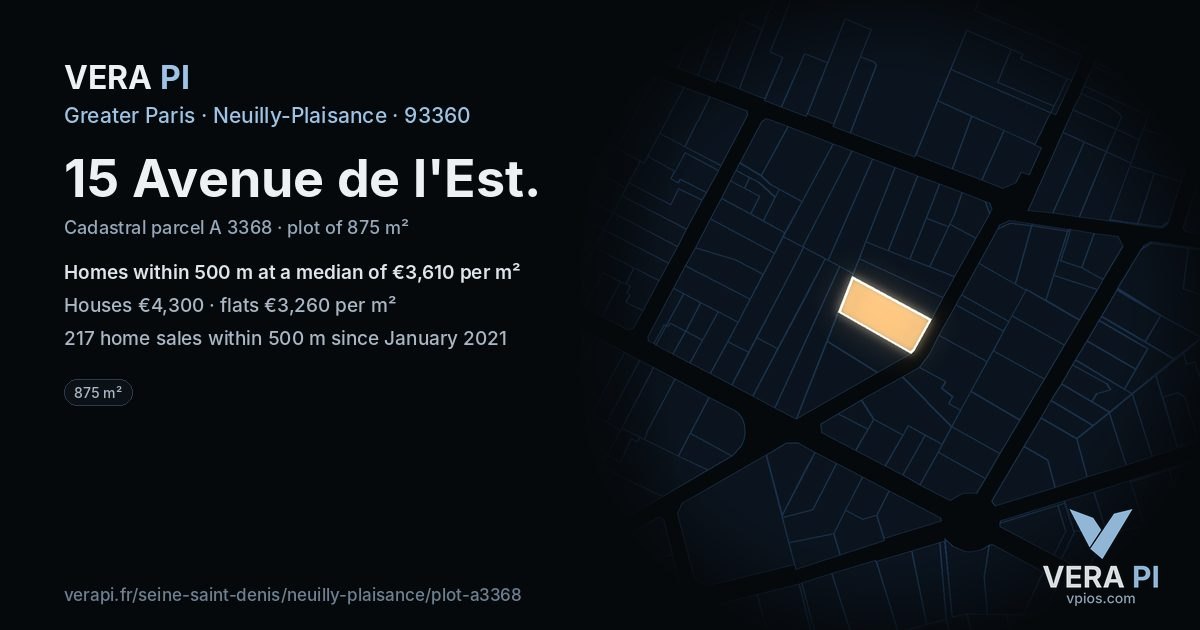 15 Avenue de l'Est, Neuilly-Plaisance at night – the plot lit, the parcels around coloured by the prices near them