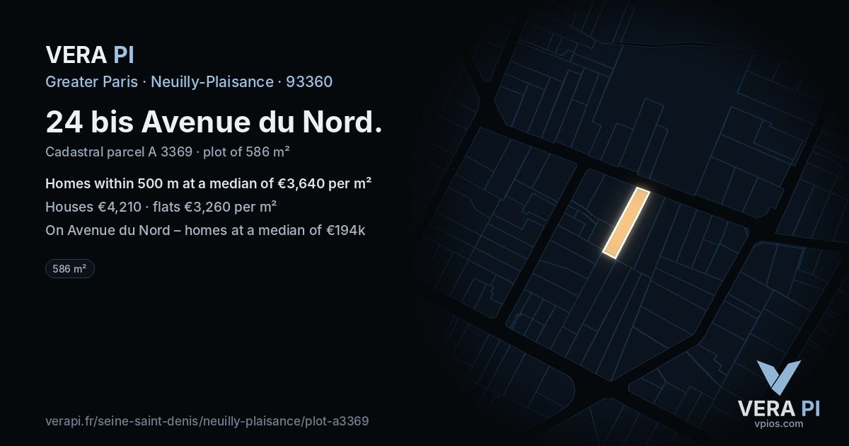 24 bis Avenue du Nord, Neuilly-Plaisance at night – the plot lit, the parcels around coloured by the prices near them