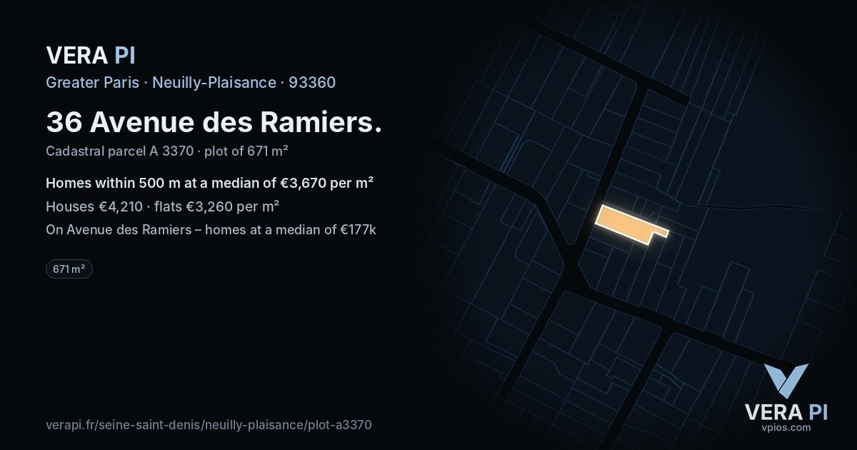 36 Avenue des Ramiers, Neuilly-Plaisance at night – the plot lit, the parcels around coloured by the prices near them