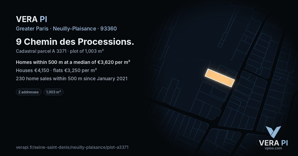 9 Chemin des Processions, Neuilly-Plaisance at night – the plot lit, the parcels around coloured by the prices near them