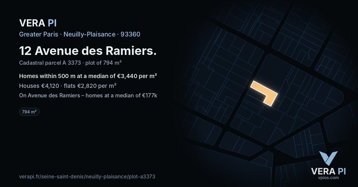 12 Avenue des Ramiers, Neuilly-Plaisance at night – the plot lit, the parcels around coloured by the prices near them