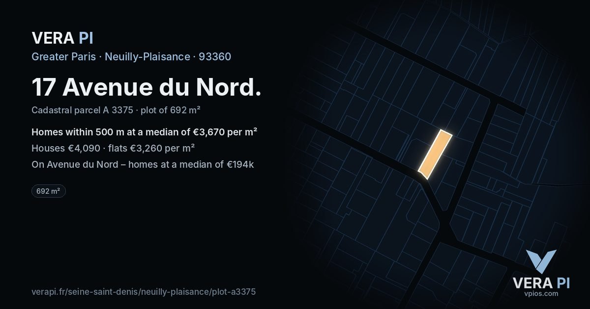 17 Avenue du Nord, Neuilly-Plaisance at night – the plot lit, the parcels around coloured by the prices near them