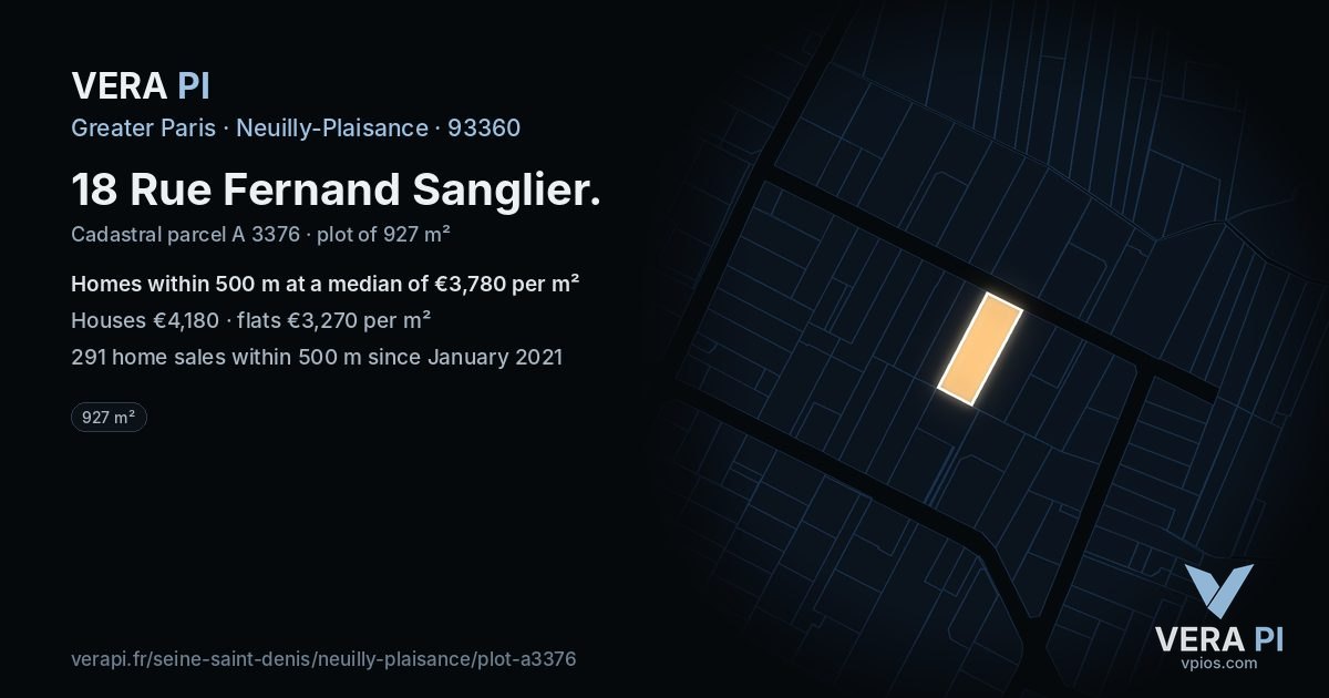 18 Rue Fernand Sanglier, Neuilly-Plaisance at night – the plot lit, the parcels around coloured by the prices near them