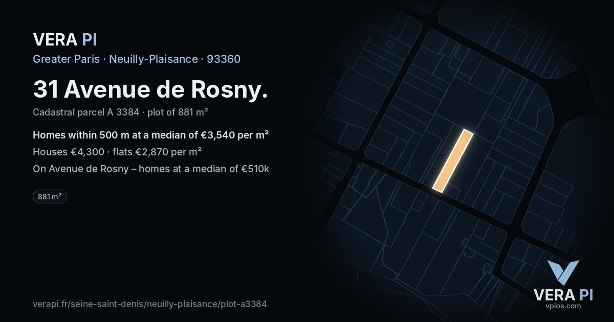 31 Avenue de Rosny, Neuilly-Plaisance at night – the plot lit, the parcels around coloured by the prices near them