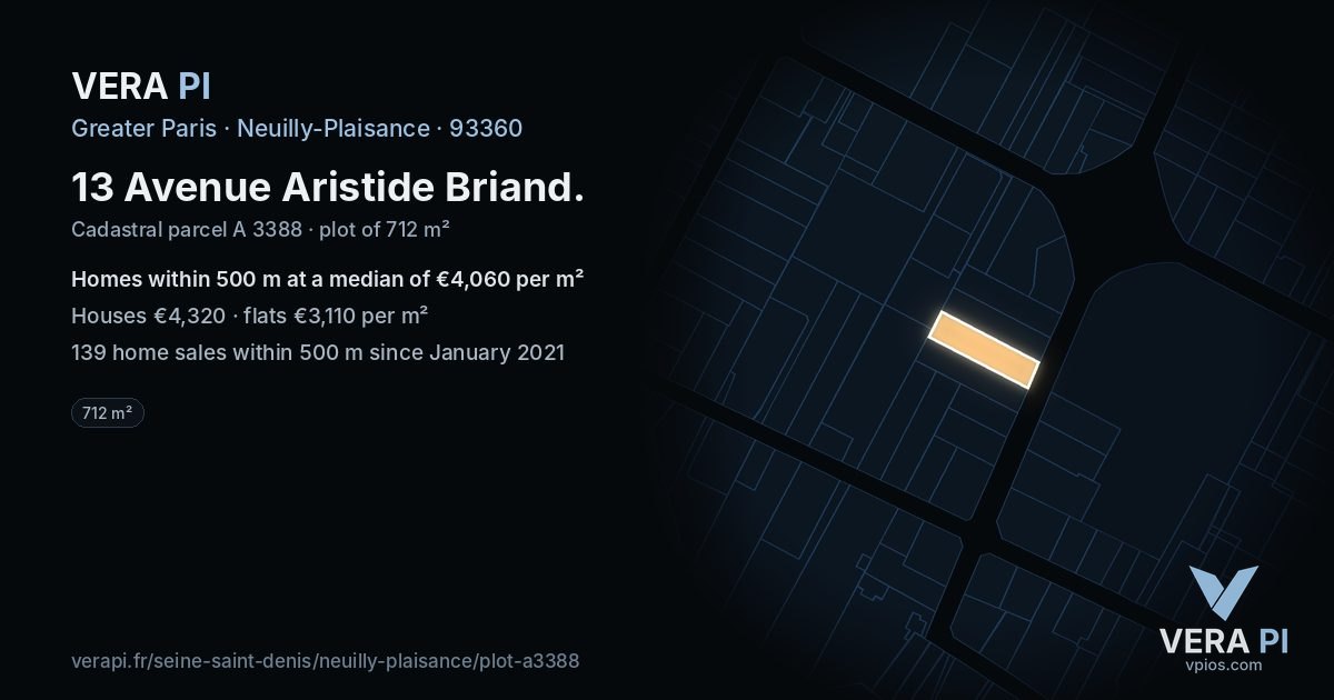 13 Avenue Aristide Briand, Neuilly-Plaisance at night – the plot lit, the parcels around coloured by the prices near them