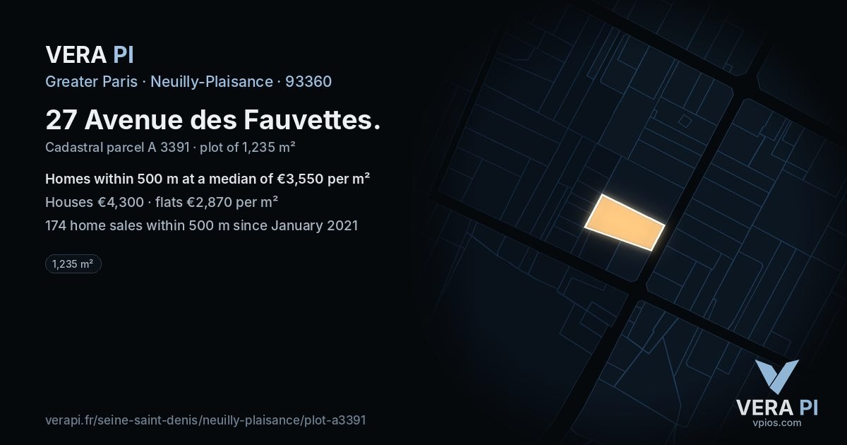 27 Avenue des Fauvettes, Neuilly-Plaisance at night – the plot lit, the parcels around coloured by the prices near them