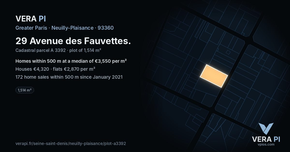 29 Avenue des Fauvettes, Neuilly-Plaisance at night – the plot lit, the parcels around coloured by the prices near them
