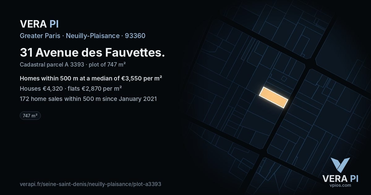 31 Avenue des Fauvettes, Neuilly-Plaisance at night – the plot lit, the parcels around coloured by the prices near them