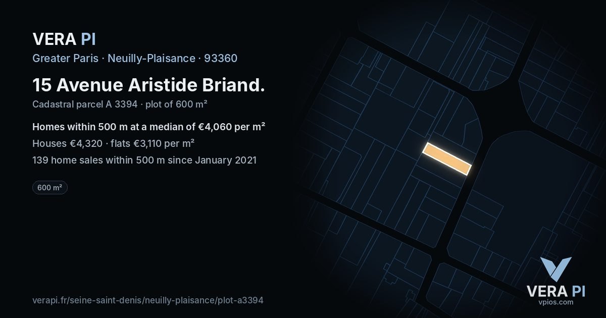 15 Avenue Aristide Briand, Neuilly-Plaisance at night – the plot lit, the parcels around coloured by the prices near them